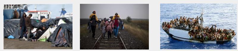 Vluchtelingen toen en nu: De foto s boven en onder elkaar vertonen grote parallellen: De foto s boven dateren van WOII en tonen Europeanen op de vlucht, weg van hun thuisland.