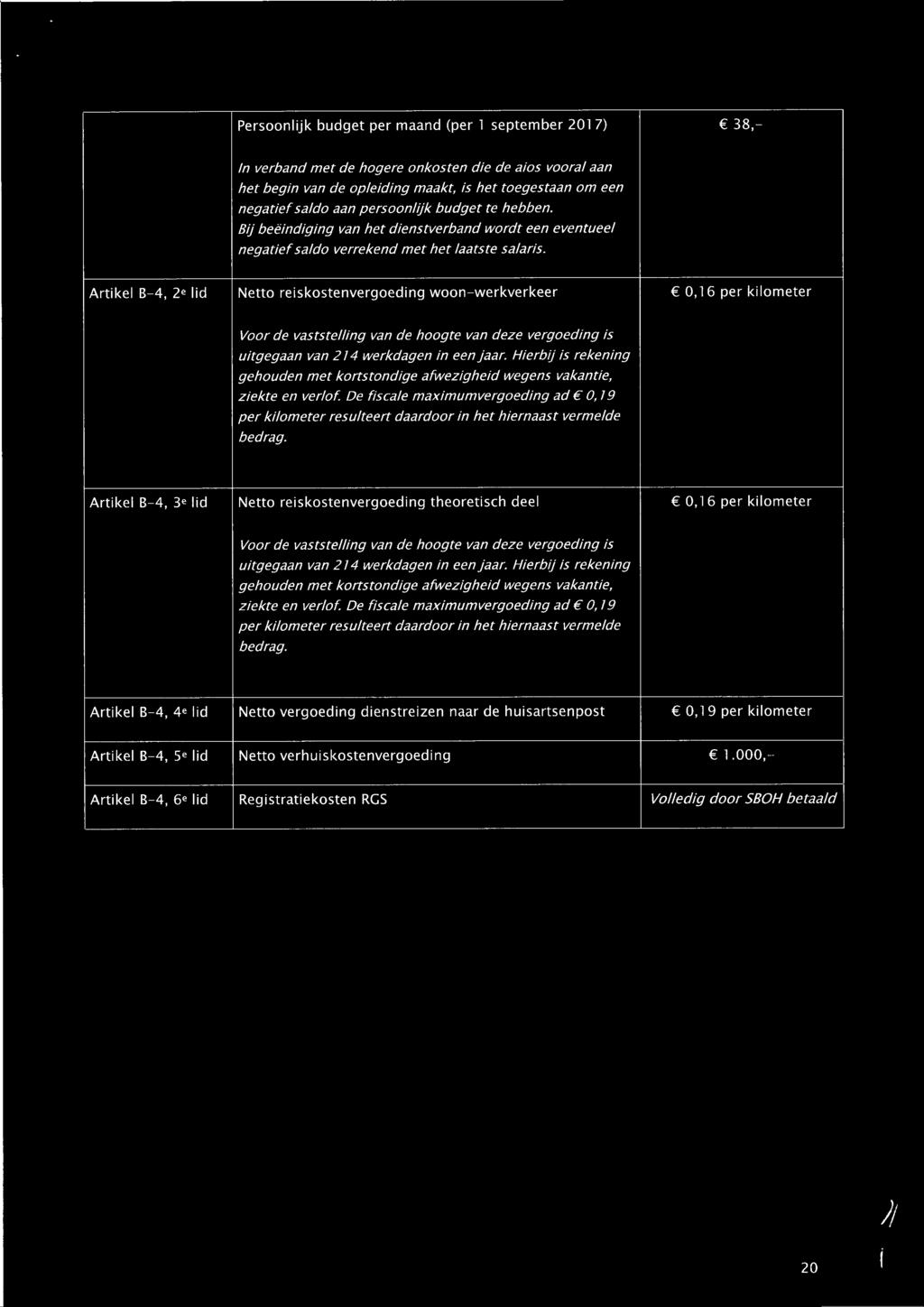 Artikel B-4, 2e lid Netto reiskostenvergoeding woon-werkverkeer 0,16 per kilometer Voorde vastste/ling van de hoogte van deze vergoeding is uitgegaan van 214 werkdagen in een jaar.