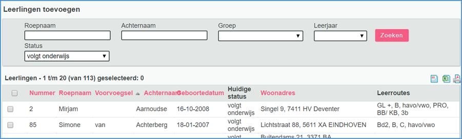 4. Je komt in onderstaand scherm terecht. Hier zie je de namen van alle leerlingen van de school. Doormiddel van de tabbladen kun je specifiek naar een leerling zoeken. 5.