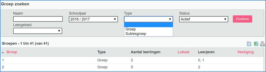 Klik je op de witregel in het filter type, dan toont ParnasSys zowel de groepen als de sublesgroepen.