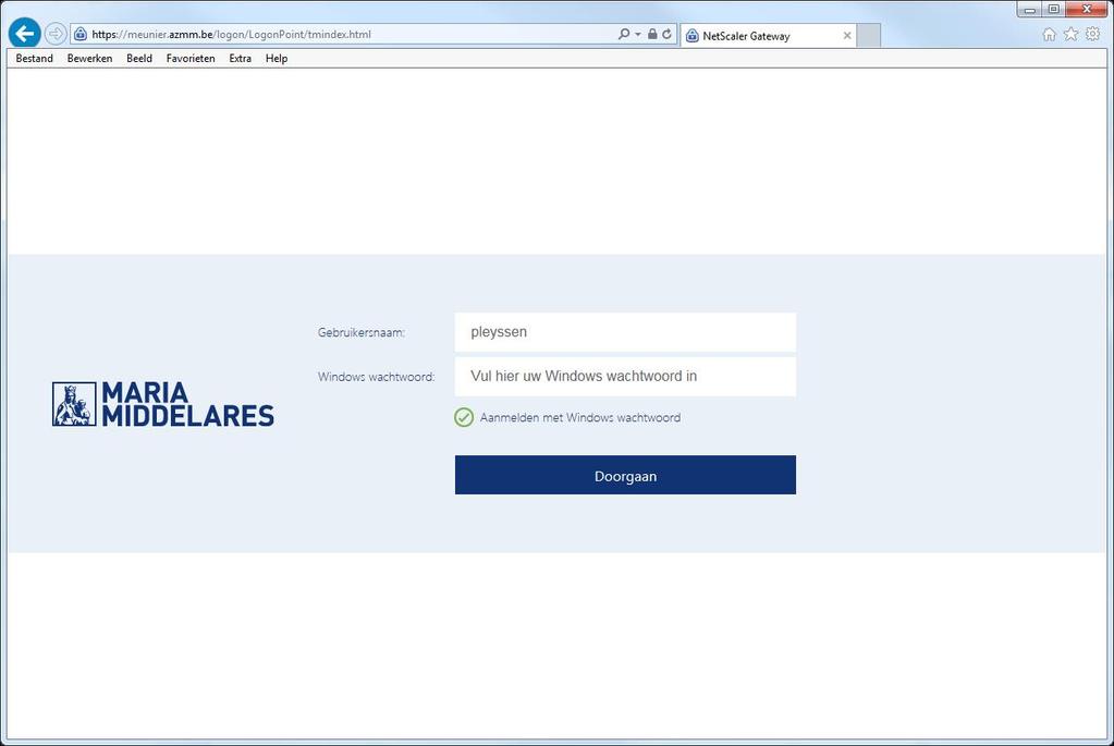 Als het aanmelden op de RSA webpagina gelukt is, wordt in het volgende scherm uw Windowswachtwoord gevraagd.
