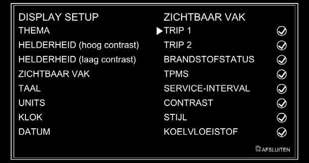 Algemene informatie Display instellen - Zichtbaar vak Met de functie Zichtbaar vak kan een keuze worden gemaakt welke gewenste gegevensitems worden weergegeven in het informatievak.