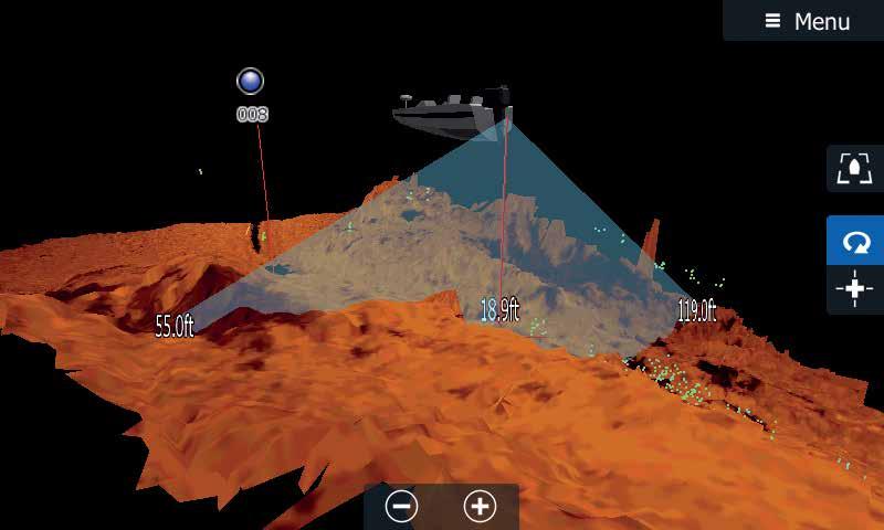 net. Waypoint Overlay Leading Edge illustreert de interactie van sonarstralen met bodemcontouren SideScan-afstand Diepte onder transducer SelectScan arceert vis en visterritoria in een