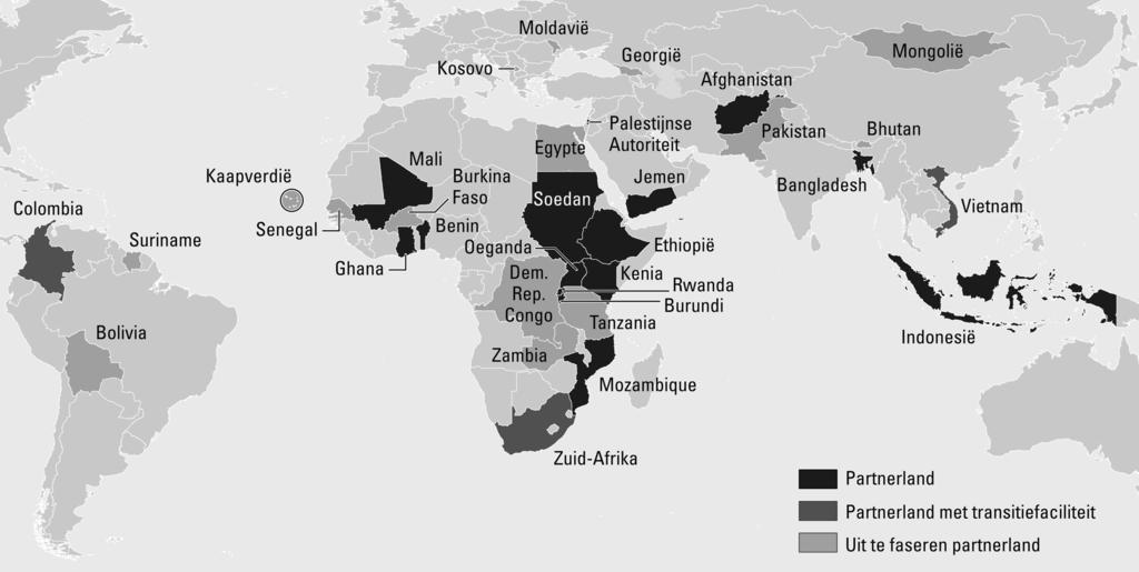 Figuur 8 toont de geografische spreiding van partnerlanden en maakt duidelijk dat het kabinet-rutte/verhagen de versnippering heeft verminderd door de steun aan landen in Azië en Zuid-Amerika te