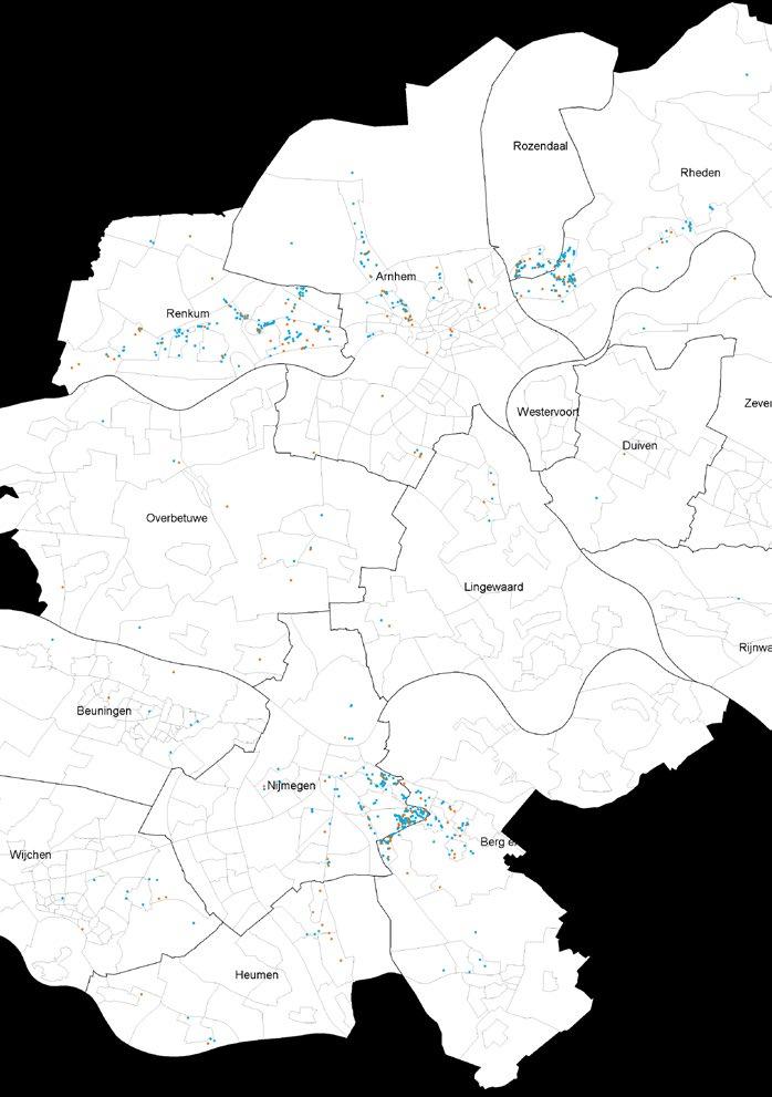 In figuur 15 worden de miljoenenwoningen in de regio Arnhem/Nijmegen op de kaart getoond.