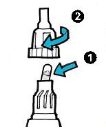 Draai dit er niet te strak op (2). 7. Houd de inhalator met het mondstuk naar beneden gericht.