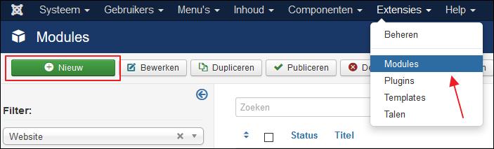 Om een nieuwe module aan te maken ga je weer naar het beheergedeelte van de website (administrator) en via het hoofdmenu 'Extensies' naar 'Modules'.