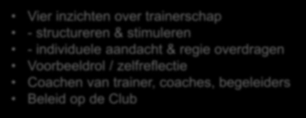 Blok 1a: Realiseren pedagogische meerwaarde & het coachen van collega-trainer/coaches Vier inzichten over trainerschap - structureren & stimuleren - individuele aandacht & regie overdragen