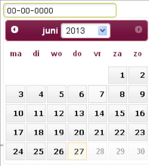 Voor het invoeren van datums wordt gebruik gemaakt van een kalender.