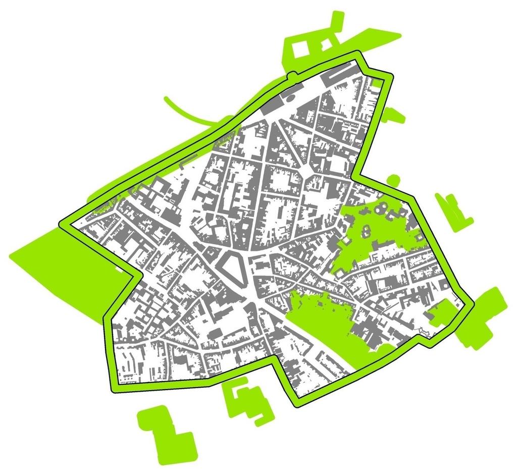 (Groene) verbindingen: concept stadswal Als overgang tussen de groene lobben, de woonlobben en de binnenstad wordt een groene band voorzien rond de stadskern die het groen verbindt en kan ingezet