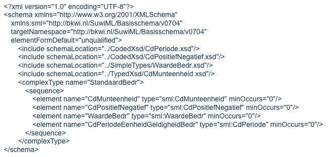 Afbeelding 8 Voorbeeld van een ComplexType Afbeelding 8 toont een voorbeeld van een ComplexType, waarin een Standaardstructuurentiteit zoals StandaardBedr middels XML ComplexTypes zijn gedefinieerd.