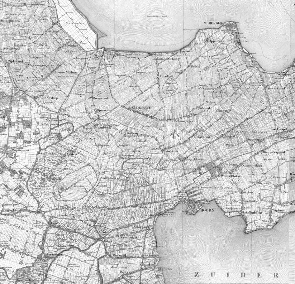 West-Friesland Midden Provincie Noord-Holland Uitsnede historische kaart 80 (Topotijdreis) Uitsnede hoogtekaart (Actueel Hoogtebestand Nederland) ONTSTAANSGESCHIEDENIS West-Friesland Midden is