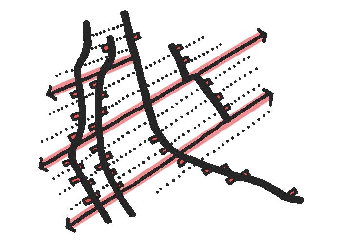 Bijvoorbeeld onderscheid tussen kronkelige bebouwingslinten (zwart) en rechte verbindingswegen (rood) Licht gebogen lint: Rechte verbindingsweg: > Behoud de polder als herkenbare eenheid.