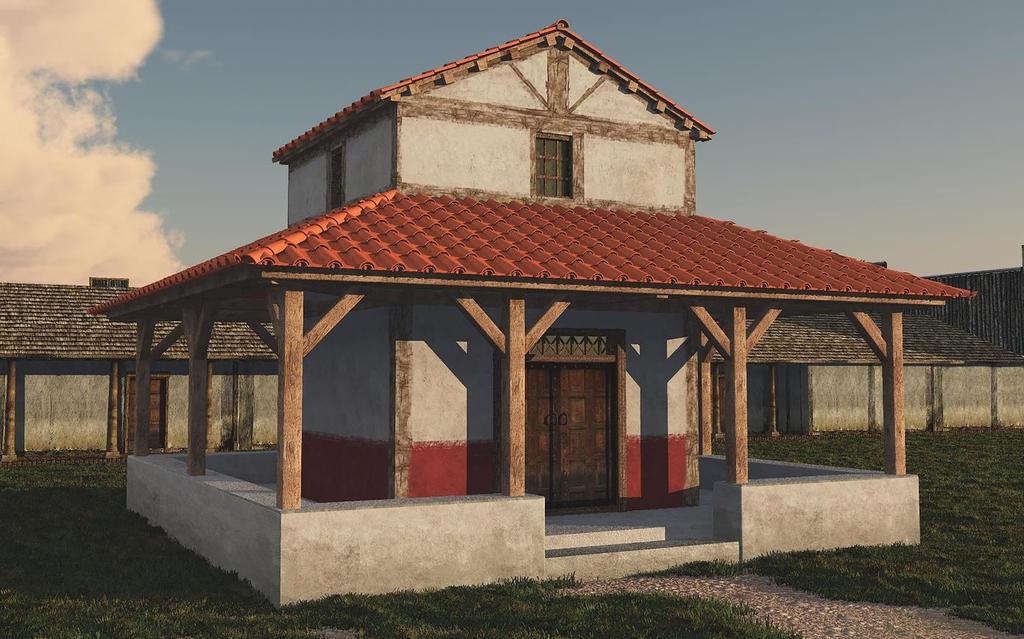 (Tevens afbeelding omslag voorzijde) Aardenburg-Romeins castellum: Reconstructietekening van kleine Gallo-Romeinse tempel in het fort, circa 222-240/5 na Chr.