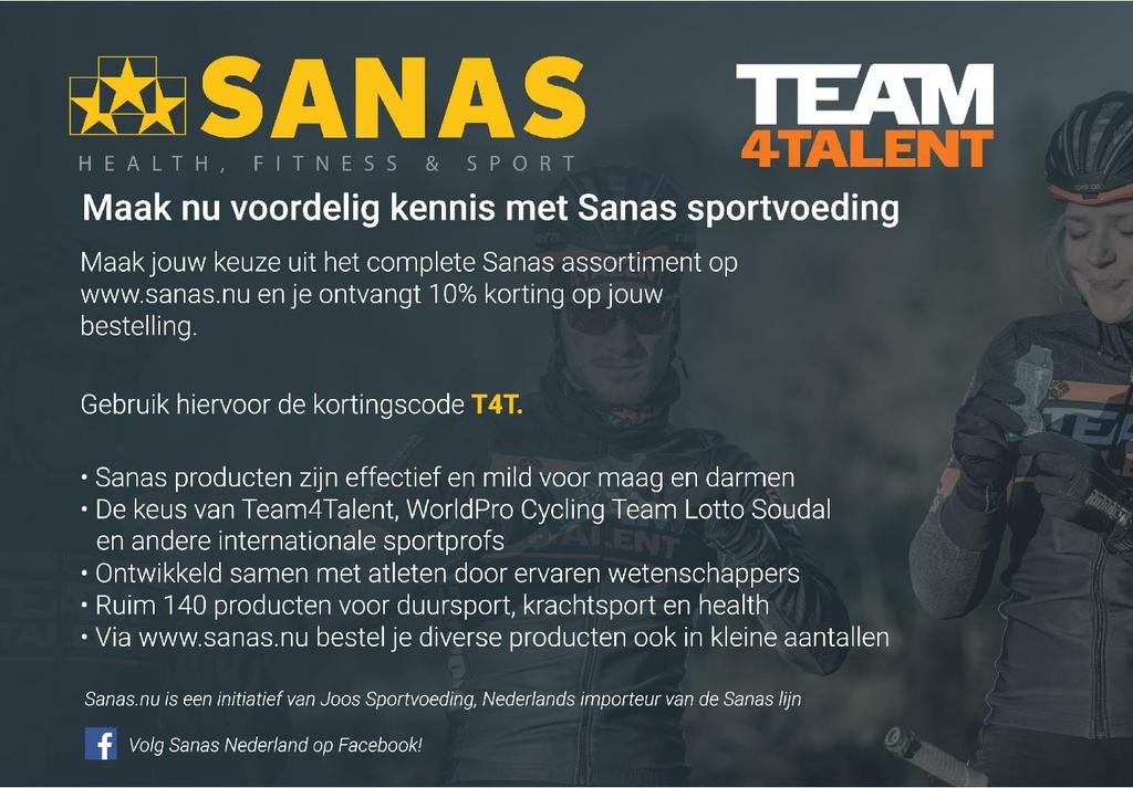 Voeding SANAS Sanas: de officiële nutritionpartner van CHALLENGEALMERE-AMSTERDAM. Zowel op het fiets- als loopparcours kunnen deelnemers de gelletjes en iso-drank van Sanas gebruiken.