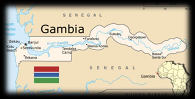 The Gambia Gambia, officieel de Republiek Gambia, is een land in west -Afrika dat grenst aan drie kanten met Senegal en de Atlantische Oceaan. De hoofdstad van Gambia is Banjul.