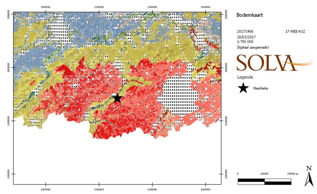 Figuur 6. Situering van Ninove op de bodemkaart. Blauw: zandstreek, geel: zandleemstreek, rood: leemstreek (Databank Ondergrond Vlaanderen, geraadpleegd via WMS).
