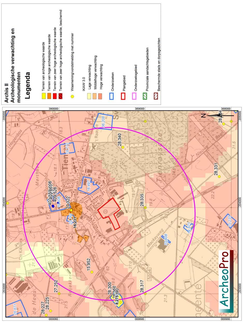 Archeologische onderzoek Kern Tienray, Horst aan de Maas ArcheoPro Rapport, 11013, Pagina 16 Figuur 8: Kaart met Archis-gegevens