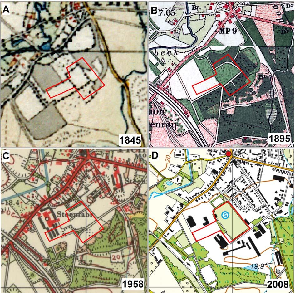 Archeologische onderzoek Kern Tienray, Horst aan de Maas ArcheoPro Rapport, 11013, Pagina 19 Figuur 12 toont achtereenvolgens topografische kaarten van het onderzoeksgebied uit 1845, 1901, 1963 en