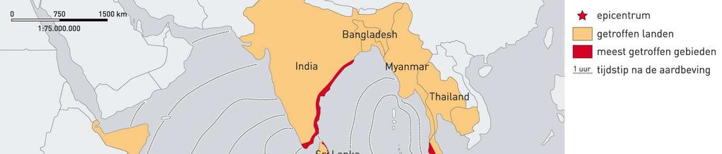 W19 c 1 Indonesië 2 Thailand 3 India 4 Sri Lanka e De vloedgolf werd tegengehouden door Sumatra. 6 a Somalië Kenia Tanzania b ± 6300 c ± 800 d ± 6300 : 800 = ± 7,8 uur klopt ongeveer!
