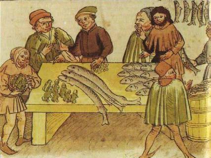 Fig. 1 Een vismarkt (Italië, 14de eeuw). DE RELATIE OVERHEID - ZEEVISSERIJ De zeevisserij heeft altijd op één of andere manier in contact gestaan met de overheid.