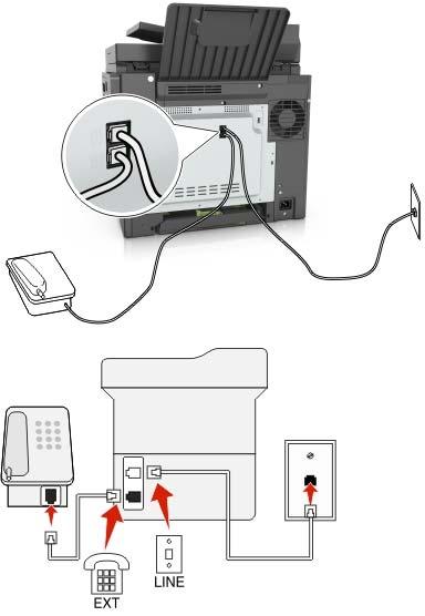 Faxen 102 Configuratie 2: De printer is aangesloten op een wandaansluiting; kabelmodem bevindt zich ergens anders in het gebouw 1 Sluit het ene uiteinde van de telefoonkabel aan op de line-poort van