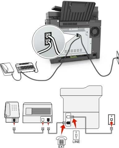 Faxen 95 1 Sluit het ene uiteinde van de telefoonkabel aan op de line-poort van de printer. 2 Sluit het andere uiteinde van de kabel aan op een werkende analoge wandcontactdoos.