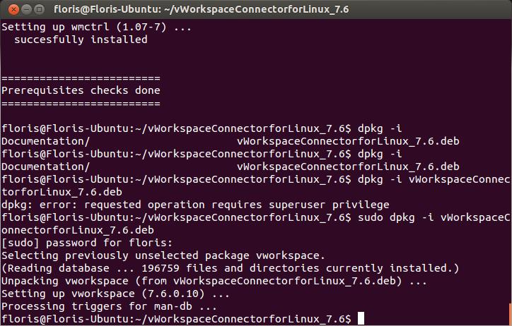 Met het commando: sudo dpkg i vworkspaceconnectorforlinux_7.6.dev kun je de installatie starten van de Quest vworkspace client.