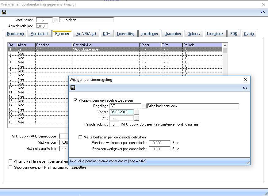 De StiPP-Basisregeling kan handmatig worden toegepast in de loonberekeningsgegevens van een werknemer onder het mapje pensioen.