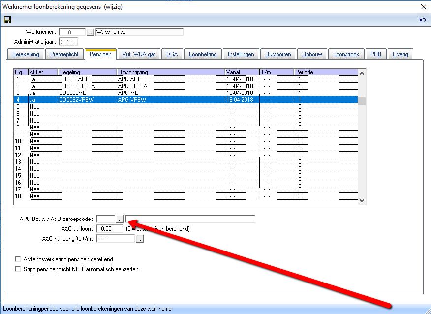 Als alle APG-pensioenregelingen zijn ingevoerd kan de APG Bouw beroepscode worden geselecteerd, de beroepscode is een verplicht veld in de APG aangifte.