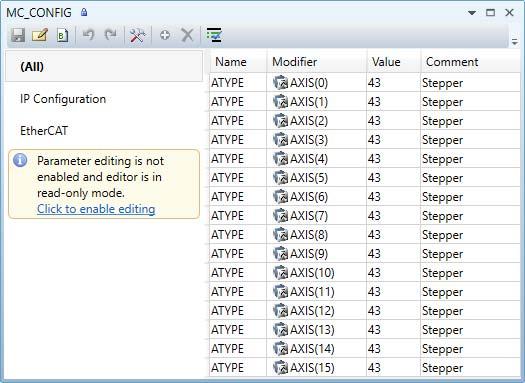 Door de MC_CONFIG file editable te maken kan de as-configuratie worden ingesteld met behulp van de parameter ATYPE.