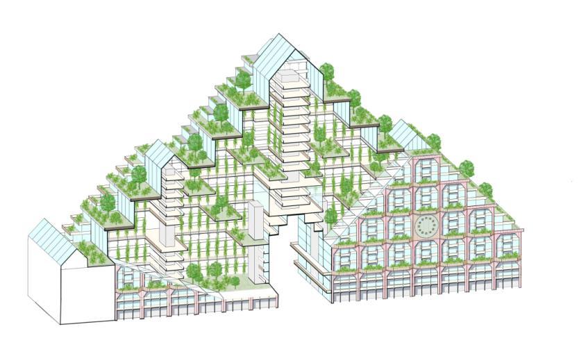 Het alternatief is een 'walk to work' project met groene architectuur: geen storende slagschaduwen, geen storende valwinden, verweving van wonen+ voorzieningen+ werken.