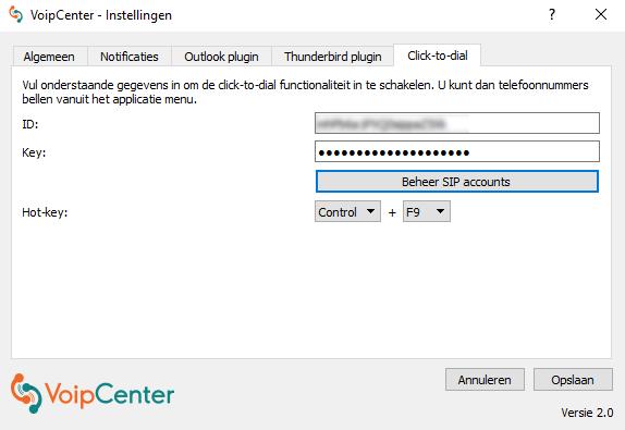 Instelling in app Ga in de app naar tabblad van Click-to-dial. Geef hier uw ID en key op (let op voor het kopiëren van spaties!!).