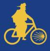 Op die plaatsen waar fietsers een andere weg moeten nemen dan wandelaars zijn deze stickers aangebracht. De ster in het wiel geeft de richting aan die de fietser moet nemen.