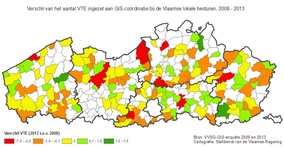 In 2008 werd er in totaal 143,5 VTE aan GIS-coördinatie ingezet. In 2013 is het aantal VTE teruggevallen tot 124 VTE.