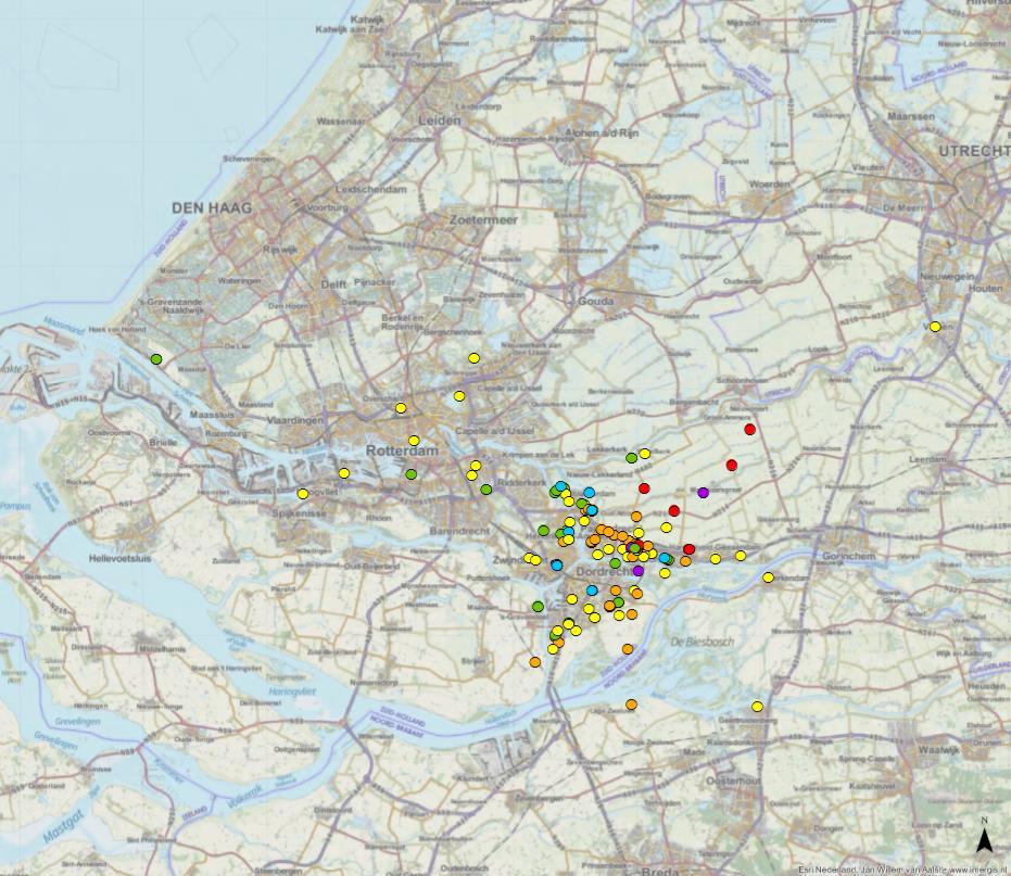 Figuur 5 Dataset voor PFOA in bovengrond regio Drechtsteden Het is bekend dat in de Haarlemmermeer in de omgeving van Schiphol verhoogde concentraties PFOS voorkomen vanwege het gebruik van PFOS