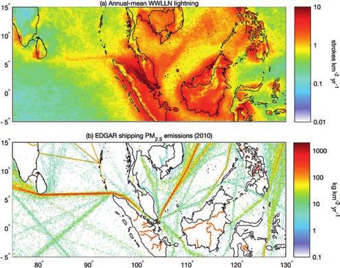 Voor u gelezen Door ir. W. de Jong Does Maritime Pollution Change Maritime Weather? Lightning density (top) and shipping lanes (bottom).