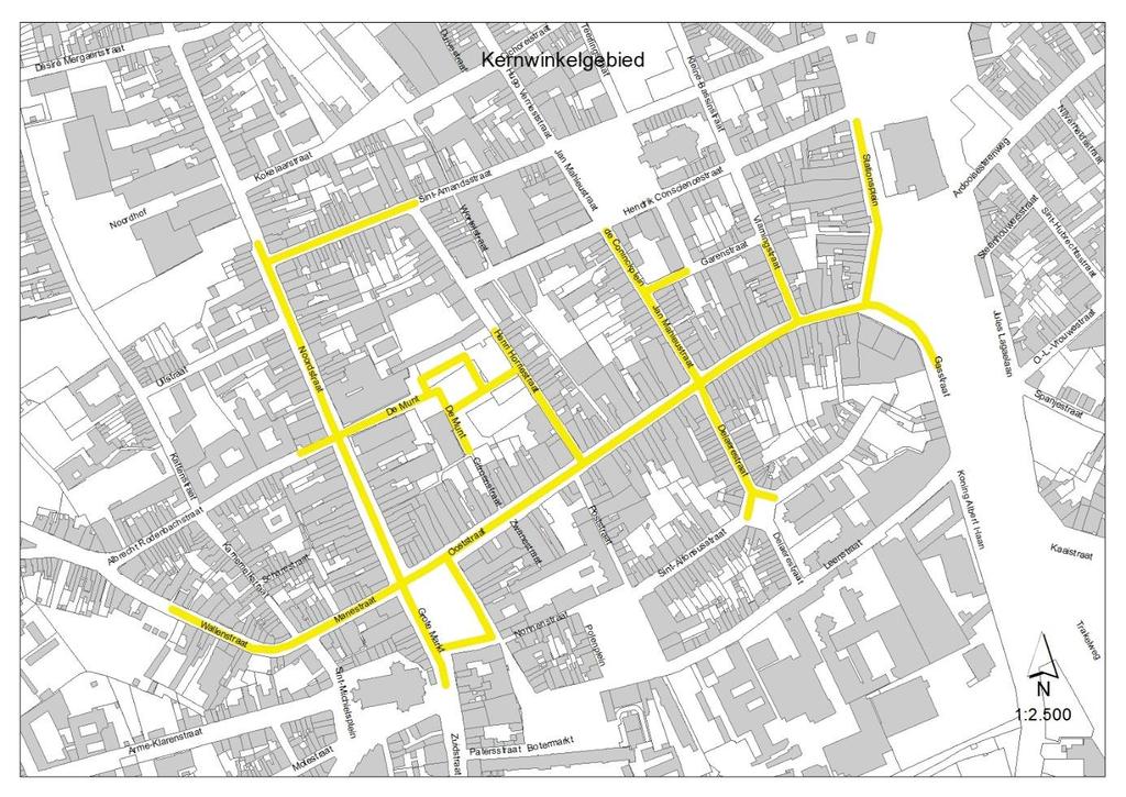 Kernwinkelgebied: de zone zoals afgebakend op de onderstaande afbeelding en bestaande uit volgende straten: Albrecht Rodenbachstraat 2 en 4 Conincklijke Passage 1 tem 6 De Munt 1 tem 44 (alle