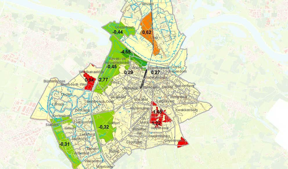-8,46 Uit Figuur 16 en de kaart kan het volgende worden opgemaakt: De wijken Biezen, Havengebied en Stadscentrum hebben een relatief groot aandeel in de vermindering.