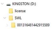 - Kopieer de uitgepakte map 'SWL' naar de USB-stick. - Maak op uw stick een map license aan (houd zorgvuldig deze schrijfwijze aan) en kopieer daarin uw licentiebestand met de extensie *.key.