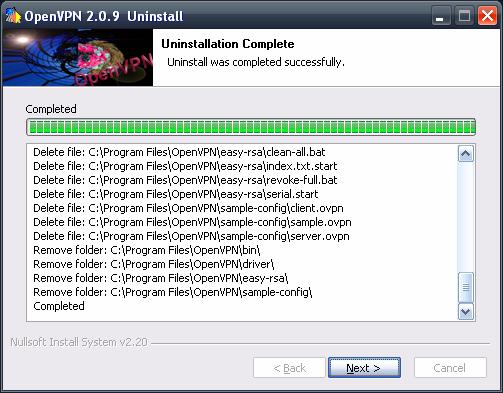 U krijgt nu de melding dat de deinstallatie van OpenVPN 2.0.9 is voltooit.