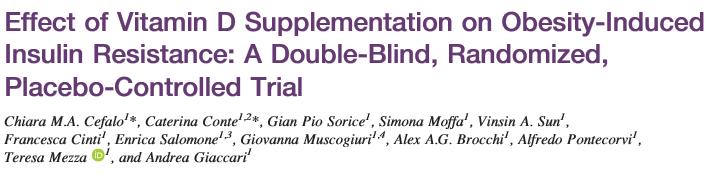 Klein double blind, randomized placebo-controlled trial. 18 vrijwilligers met BMI > 25, vitamine D deficientie, niet diabeet gerandomiseerd.