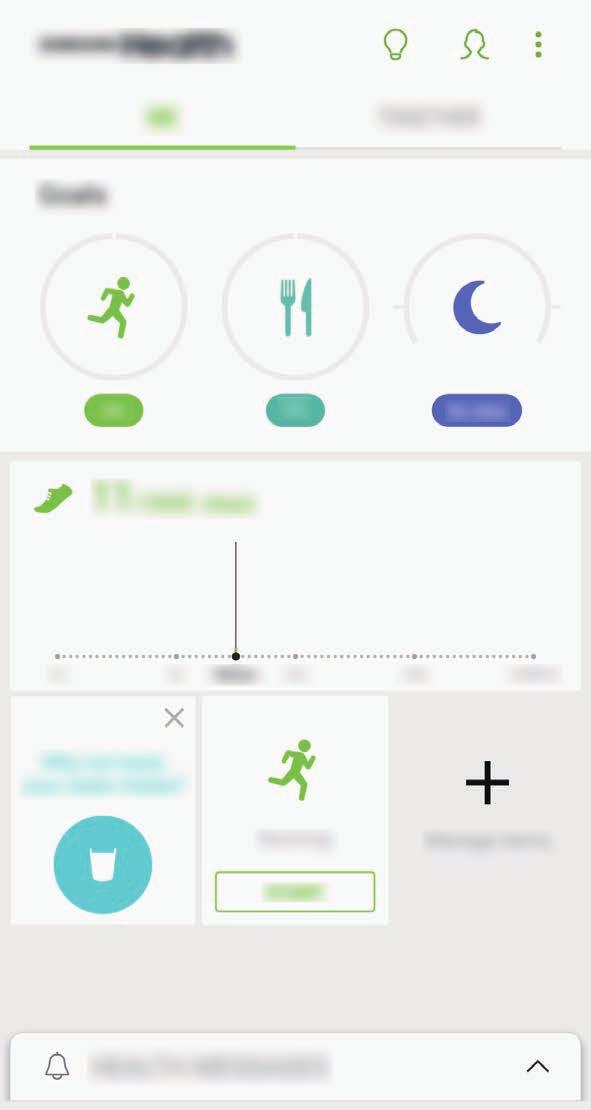 Apps en functies Samsung Health starten U kunt de belangrijkste informatie uit Samsung Health-menu's en trackers bekijken om uw gezondheid en fitness te controleren.
