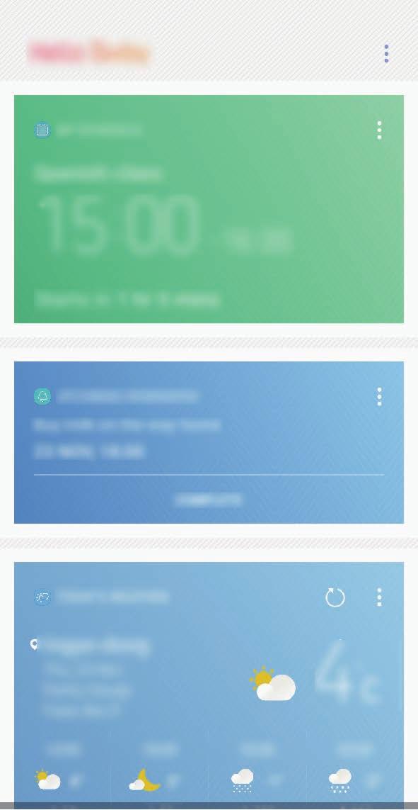 Apps en functies Aanbevolen inhoud op Bixby Home gebruiken Wanneer u Bixby Home opent, kunt u de inhoud bekijken die regelmatig wordt bijgewerkt in de vorm van Bixby-kaarten.