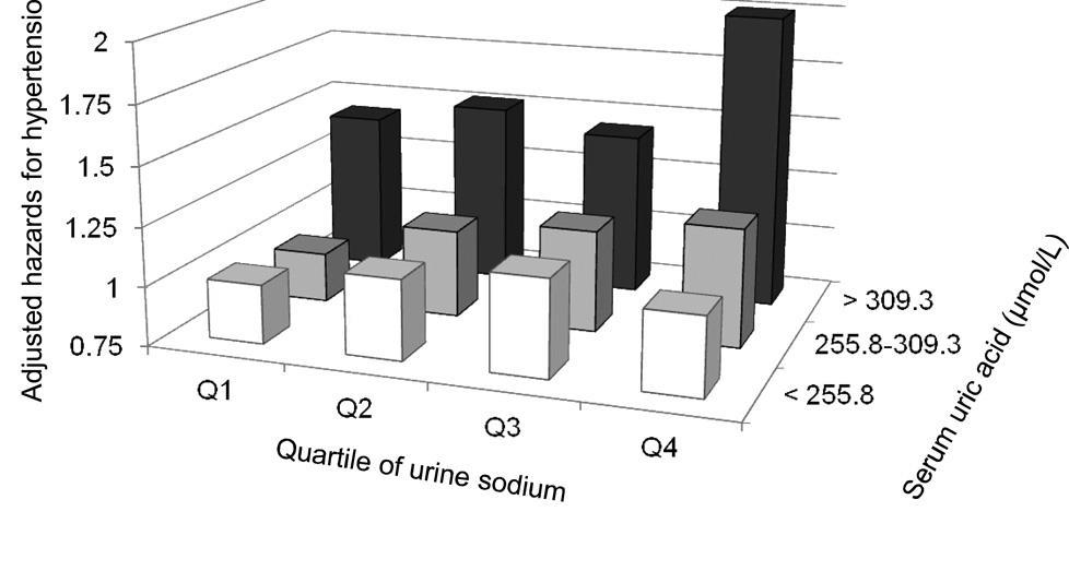 De relatie tussen urinezuur en zoutinname Diureticagebruik? Risico op ontwikkelen hypertensie ❶ N=5556 (PREVEND studie-normotens) ❷ Forman JP et al.