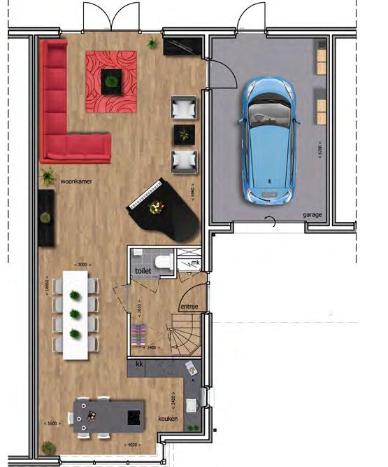 Keuzemogelijkheid trap en keuken voorzijde Opties: Uitbouw woning Geïsoleerde garage Carport Deur keuken/