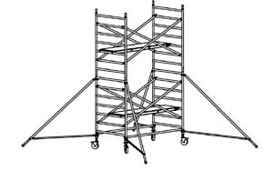 NL EN 1004-3-8/12-XXXD 14. Ga op het platform staan en plaats twee 7 sport opbouwframes op het basisdeel van de rolsteiger. Borg de opbouwframes met de borgpennen. 15.