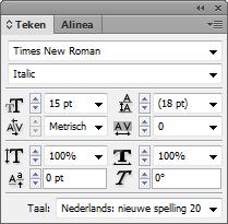 Teksten kun je bewerken in het venster Teken (Venster > Tekst en tabellen > Teken). Je kunt hier o.a. het font (lettertype) en het corps (grootte) aanpassen.