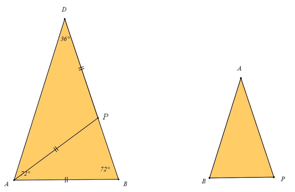 3 e stap Trek in driehoek ABD de bissectrice uit hoek A. In driehoek BPA is hoek A 36, hoek B is 72, dus ook hoek P is 72.