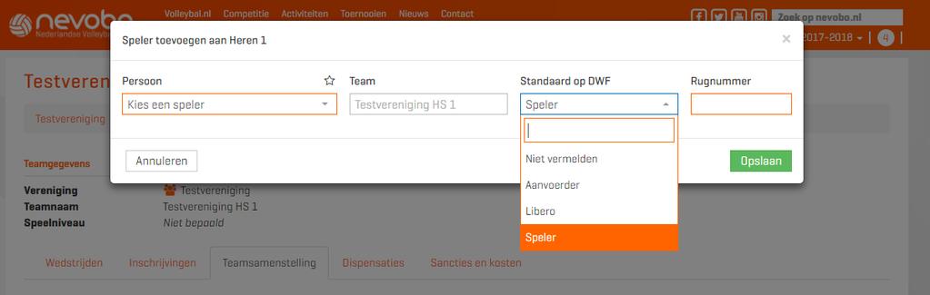 worden. Voor het laagste team per categorie moeten minimaal zeven reglementaire spelers opgegeven worden. Speler toevoegen Om een speler toe te voegen klik je op de knop Toevoegen.